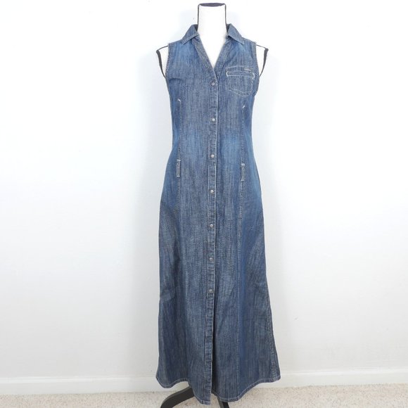 Tommy Hilfiger Dresses & Skirts - Tommy Hilfiger Washed Dark Denim Snap Front Sleeveless Size Medium Maxi Dress